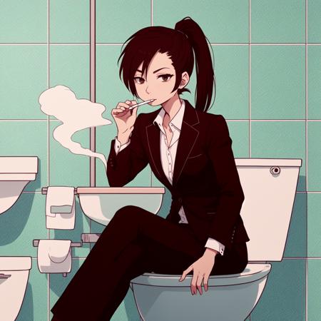 04026-4265748994-, EyestrainColors, a woman wearing a business suit sitting on top of a toilet in a bathroom, smoking a cigarette, ponytail, punk.png